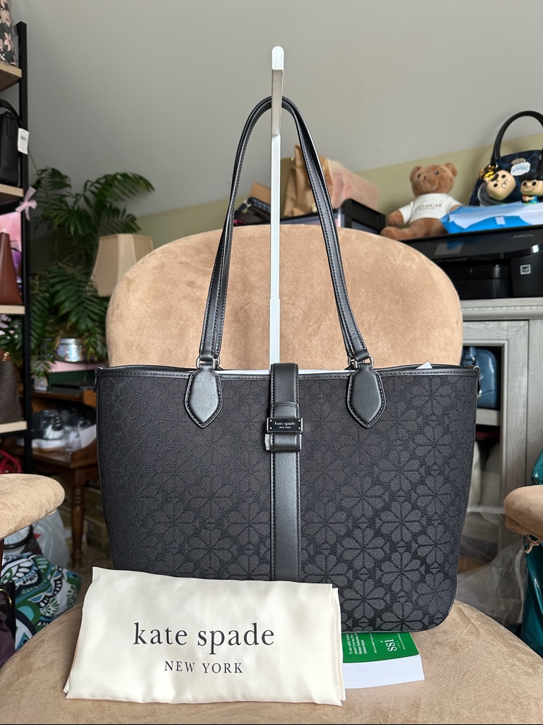 Kate Spade Spade Flower Jacquard Medium Open Tote Black & Silver New With Tag